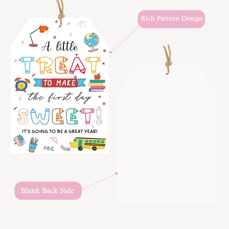 llyinglpdec 50pcs Back to School Treat Tags – First Day of School Gift Tags with String for Teachers, Students, Classrooms – Colorful Welcome Favor Labels 2.2x3.3in - Image 3